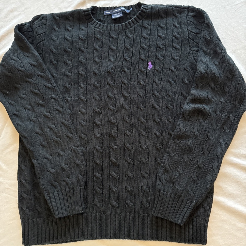 Ralph Lauren Sport Navy Blue Cable Knit Cotton Sweater Purple Logo Womens XL